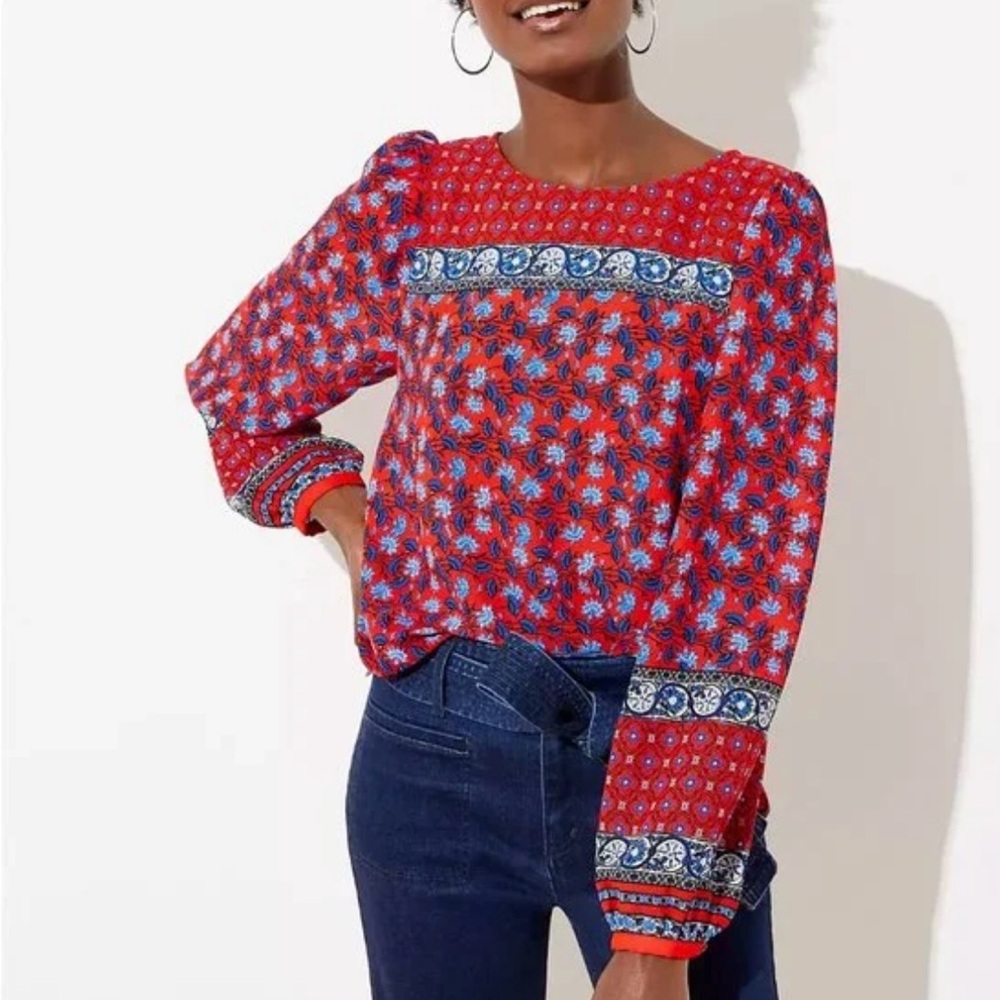 LOFT Red and Blue Patterned Blouse